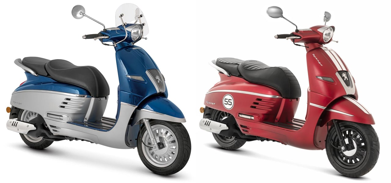 Django 125 Eversion ABS DX (สีเงินซาติน) และ Django 125 Sport ABS (สี Satin Cherry Red)