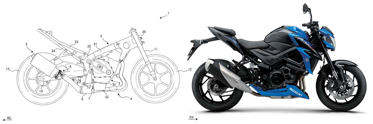 สิทธิบัตร Suzuki GSX-S750 ภาพร่างเมื่อเทียบกับ GSX-S750