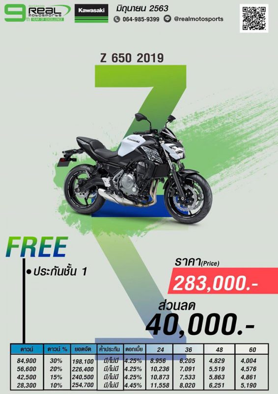 โปรโมชั่นคาวาซากิ Z650 ปี 2019 มิ.ย.63