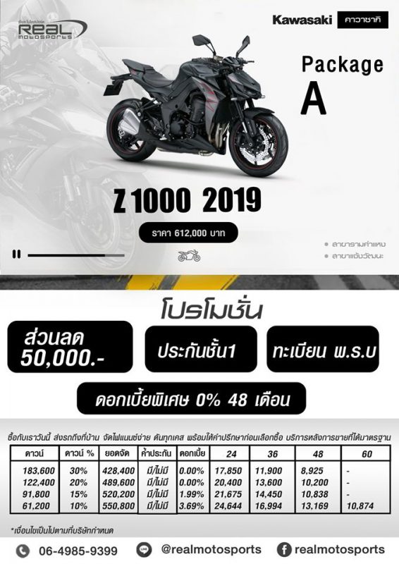 โปรโมชั่นคาวาซากิ Z1000 Series  ปี 2019 Package A ก.ค.63
